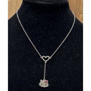 Hello Kitty Pink and White Rhinestone Y necklace With Heart Silver Tone
